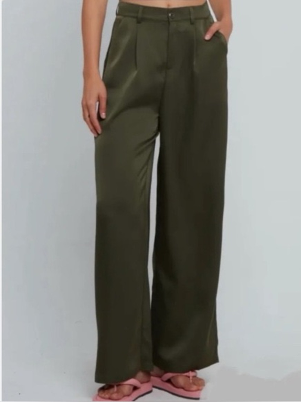 Kourt Olive Green Wide Leg Pants Women XL High Waist Satin Look Trouser